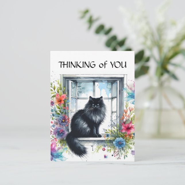 Cartão Postal Gato Siberiano Negro na Janela Aquarela Floral (Em pé/Frente)