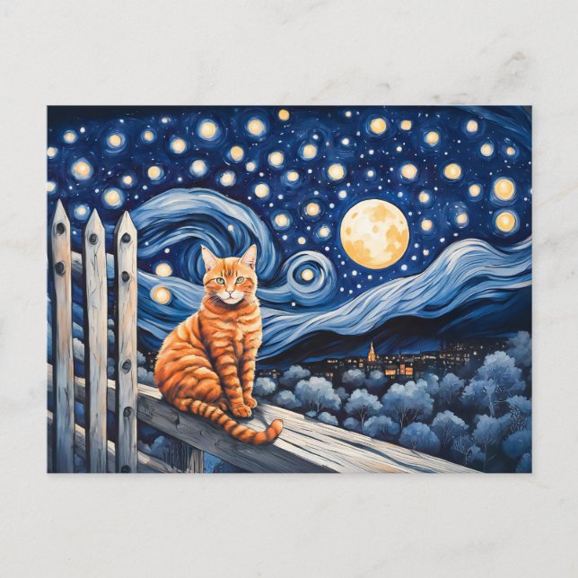 Cartão Postal Gato Sob Aquarela Noturna Estelar (Frente)