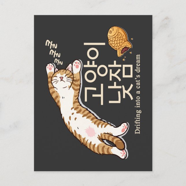 Cartão Postal Gato Sonolento & Bungeoppang Design Coreano (Frente)
