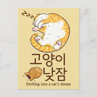 Cartão Postal Gato Sonolento & Bungeoppang Design Coreano