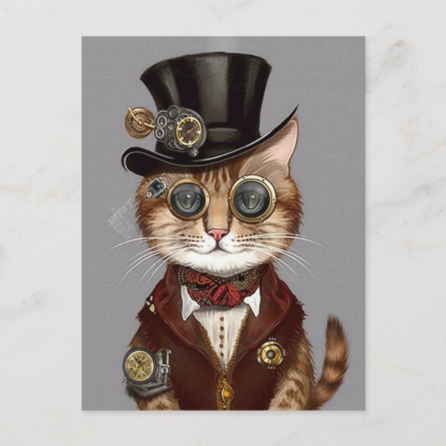Cartão Postal Gato Steampunk (Frente)