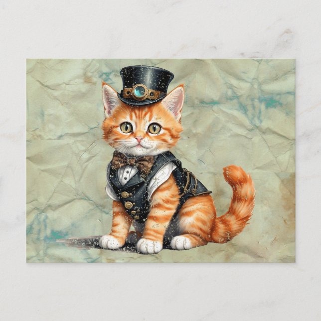 Cartão Postal Gato Steampunk: Arte Gótica De Gatinho Para Amante (Frente)