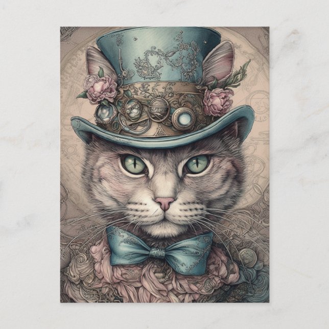 Cartão Postal Gato Steampunk Elegante (Frente)