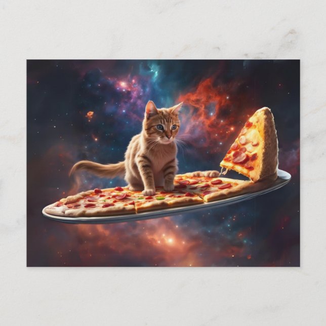 Cartão Postal Gato surfando pizza no cosmos (Frente)