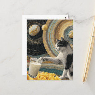 Cartão Postal Gato Surreal com Leite no Espaço