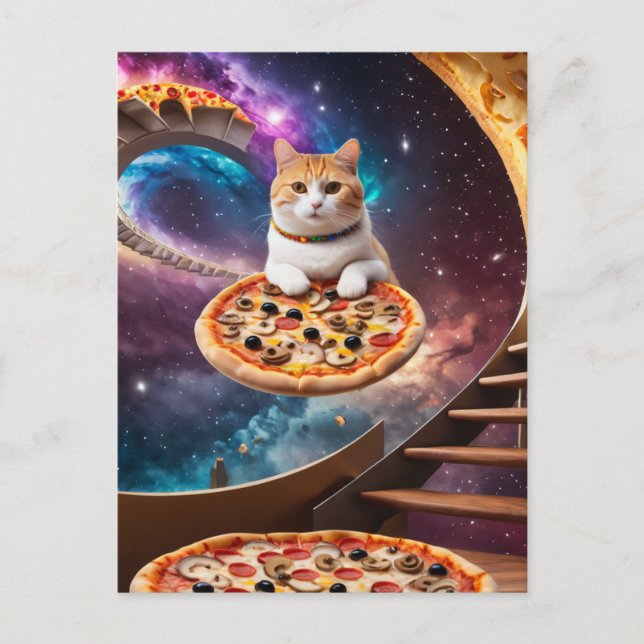 Cartão Postal Gato Surreal numa Pizza Voadora (Frente)