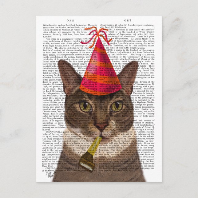 Cartão Postal Gato Tartaruga com Chapéu de Festa (Frente)