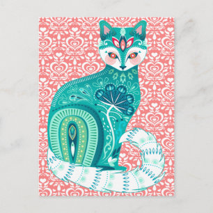 Cartão Postal Gato Teal Maximalista no Folk Floral - Cartão-post