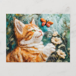 Cartão Postal Gato Tentando Pegar uma Borboleta em um Prado Feit