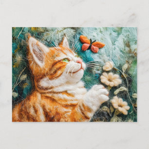Cartão Postal Gato Tentando Pegar uma Borboleta em um Prado Feit