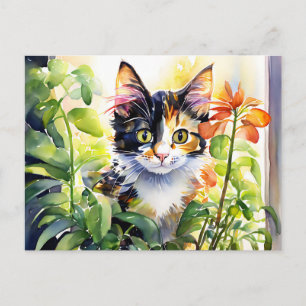 Cartão Postal Gato Tricolor Atrás de Planta em Vaso Vibrante 