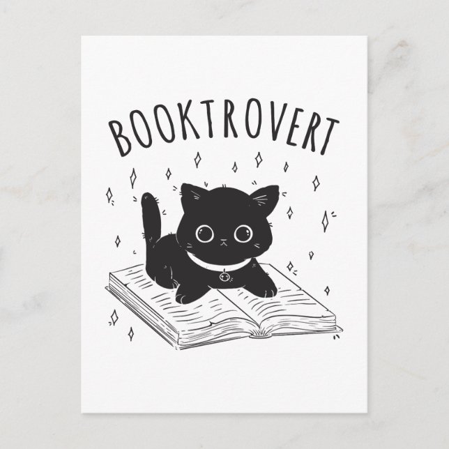 Cartão Postal Gato-troverte com livro e estrelas (Frente)