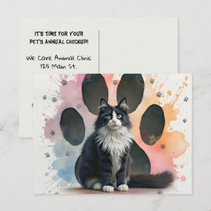 Cartão Postal Gato Tuxedo com um Fundo de Impressão de Pata