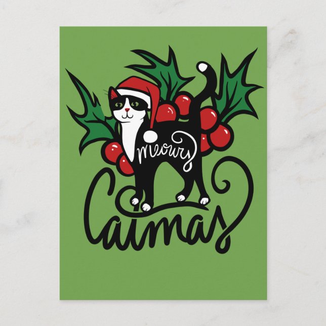 Cartão Postal Gato Tuxedo de Natal (Frente)