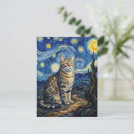 Cartão Postal Gato Van Gogh Noite Estrelada Arte Impressionista