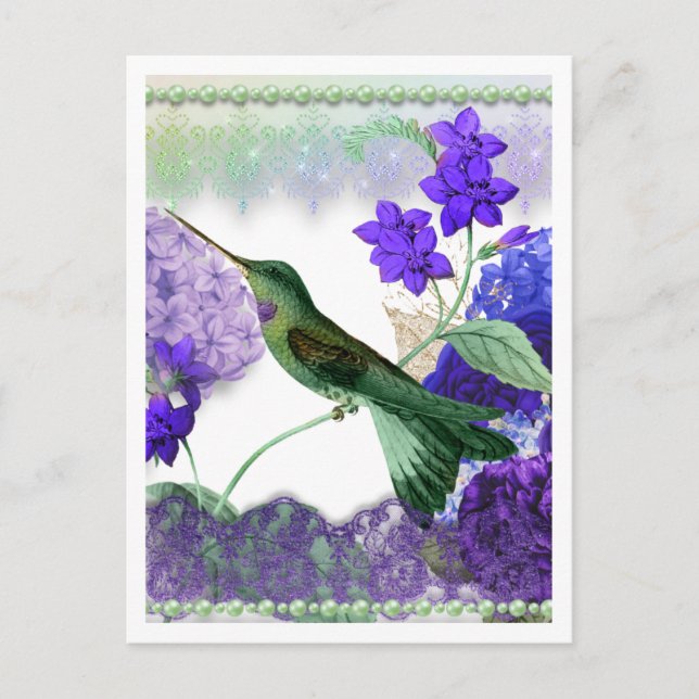 Cartão Postal Gato verde com flores, rendas, pérolas (Frente)