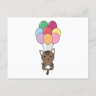 Cartão Postal Gato Voa Com Balões Coloridos