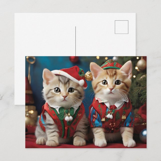 Cartão Postal Gatos Adoráveis em Santa Hats Festivos (Frente/Verso)