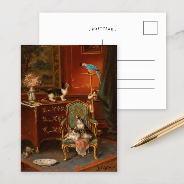 Cartão Postal Gatos Brincando com Papagaio | Jules Le Roy (Criador carregado)