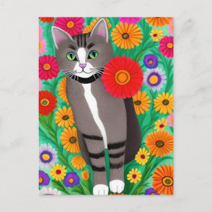 Cartão Postal Gatos Cinza e Branco Caprichosos e Flor Vermelha