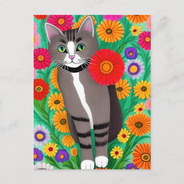 Cartão Postal Gatos Cinza e Branco Caprichosos e Flor Vermelha (Frente)