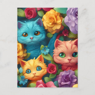 Cartão Postal Gatos coloridos e flores design bonitinhos