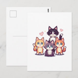 Cartão Postal Gatos Coloridos Pixelados Brancos