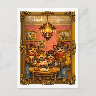 Cartão Postal Gatos Cowboys Felizes Cena do Salão Obrigado