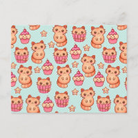 Gatos Cute de Kawaii Cupcakes Rosa e Padrão Azul