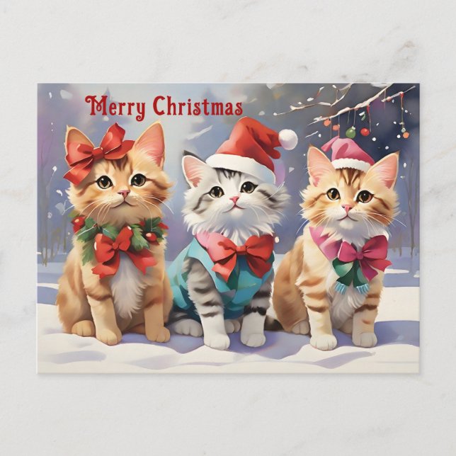 Cartão Postal Gatos De Aquarela Celebrando O Natal (Frente)