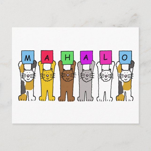 Cartão Postal Gatos de Cartoon Mahalo Obrigados Havaianos (Frente)