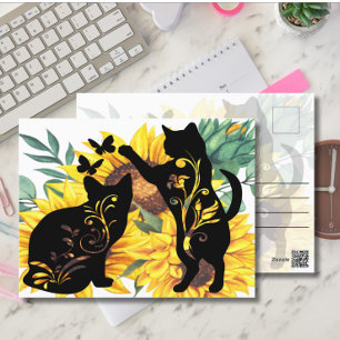 Cartão Postal Gatos De Girassol - Arte Floral Por Aquarela