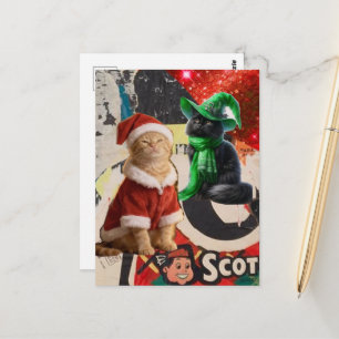 Cartão Postal Gatos de Natal Fofos Colagem de Mídia Mista