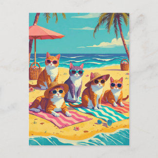Cartão Postal Gatos descendo na praia