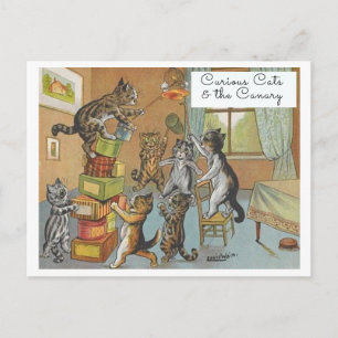 Cartão Postal Gatos Divertidos Vintage Louis Wain e o Canário