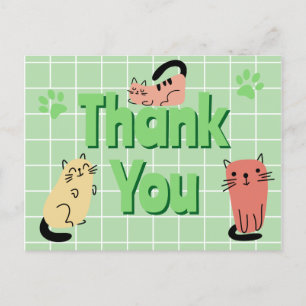 Cartão Postal Gatos Doodle Verde Obrigado 
