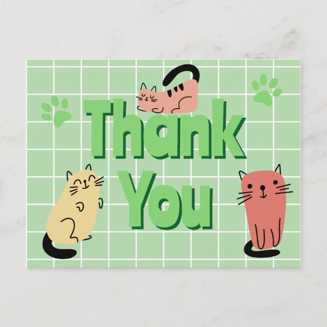 Cartão Postal Gatos Doodle Verde Obrigado  (Frente)