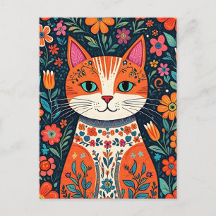 Cartão Postal Gatos e Flores de Arte Folical Whimsical