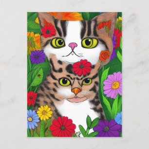 Cartão Postal Gatos e Flores de Arte Folical Whimsical