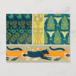 Cartão Postal Gatos e flores de Nouveau da arte