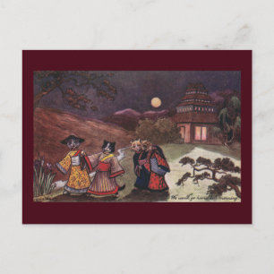 Cartão Postal Gatos em Kimonos Levam o Stroll Noturno Tarde