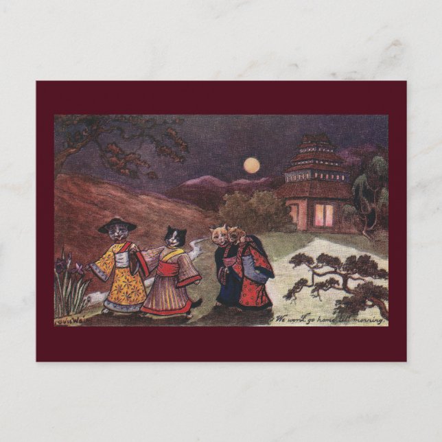 Cartão Postal Gatos em Kimonos Levam o Stroll Noturno Tarde (Frente)