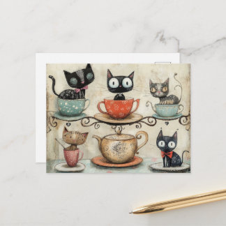 Cartão Postal Gatos Fantasiosos em Xícaras de Chá