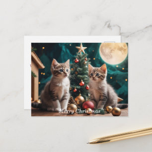 Cartão Postal Gatos Festivos ao Pé da Árvore de Natal sob a Lua