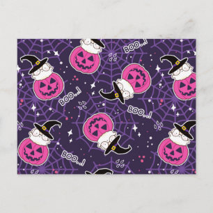 Cartão Postal Gatos Fofos e Padrão de Halloween de Abóboras