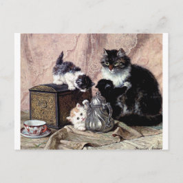Cartão Postal gatos gatinhos brincando pintura antiga de chá