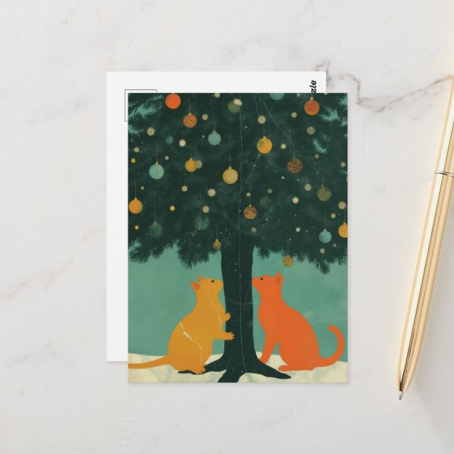 Cartão Postal Gatos Gingers sob a Árvore de Natal (Frente/Verso In Situ)