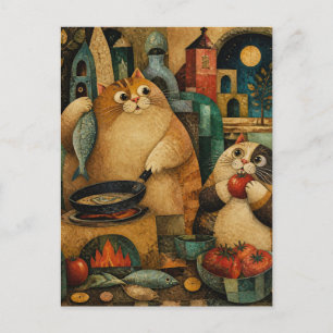 Cartão Postal Gatos Gordos Cozinhando Jantar