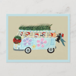 Cartão Postal Gatos Loucos em sua Van Hippie de Natal