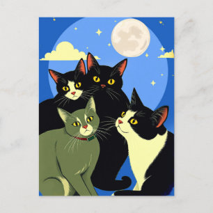Cartão Postal Gatos na prowl debaixo da lua cheia